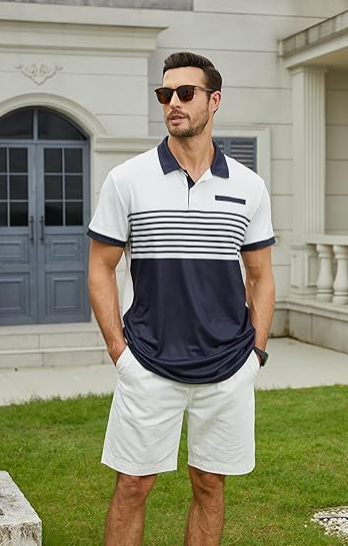 Men's Casual Polo Shirts Short Sleeve Fashion Golf Shirt Classic Striped Slim Fit T-Shirts